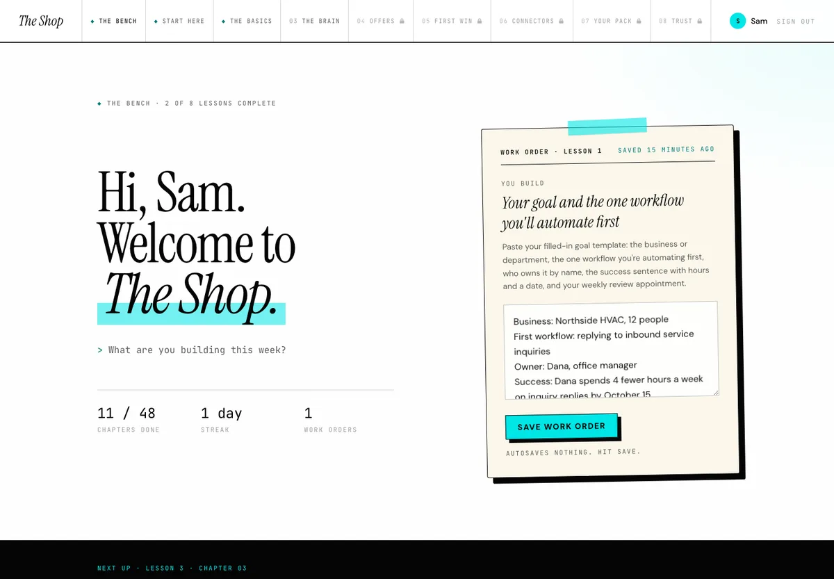 The Bench: your progress, the next chapter, and every Work Order you've saved.